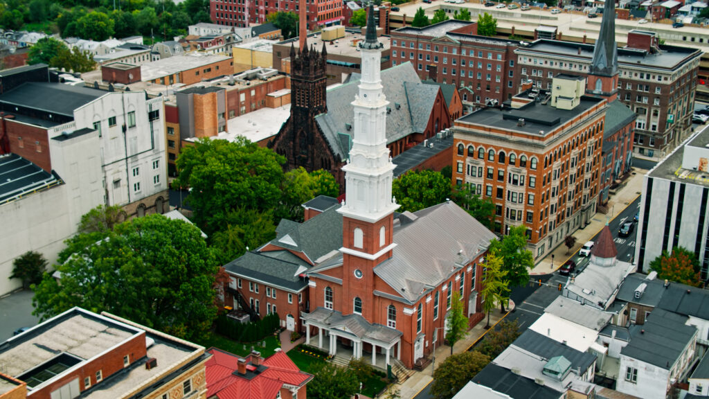 Churches and Office Buildings Aerial Shot